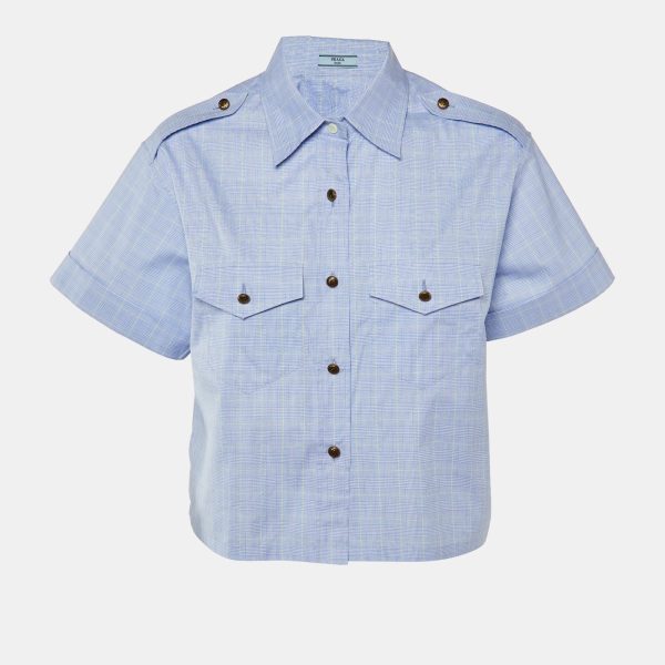 Prada Blue Prince Of Wales Cotton Crop Shirt M