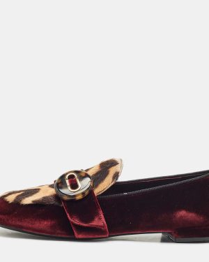 Prada Burgundy/Brown Velvet and Calf Hair Slip On Loafers Size 40