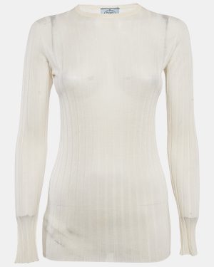 Prada Cream Cashmere Rib Knit Crewneck Sweatshirt S