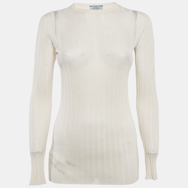 Prada Cream Cashmere Rib Knit Crewneck Sweatshirt S