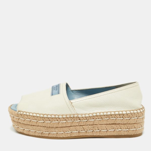 Prada Cream Leather Open Toe Platform Espadrilles Size 36.5