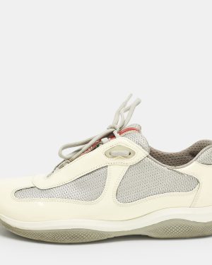 Prada Cream/Grey Mesh and Patent Leather Low Top Sneakers Size 38.5