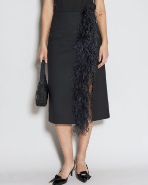 Prada Feather-trimmed Wool Midi Skirt - Woman Skirts Black It - 40