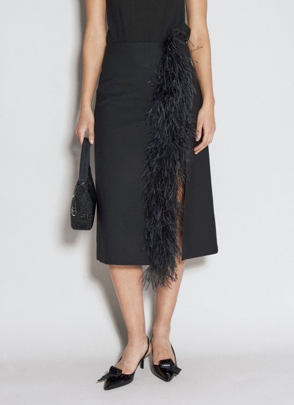 Prada Feather-trimmed Wool Midi Skirt - Woman Skirts Black It - 40