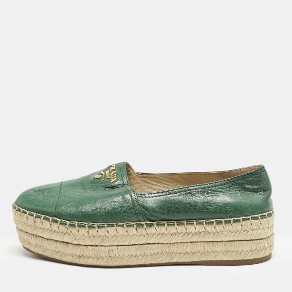 Prada Green Leather Logo Platform Espadrilles Size 39