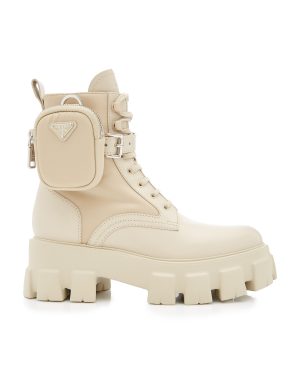 Prada - Monolith Leather and Nylon Combat Boots - Neutral - IT 38 - Moda Operandi
