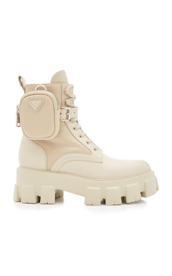 Prada - Monolith Leather and Nylon Combat Boots - Neutral - IT 38 - Moda Operandi