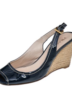 Prada Navy Blue Patent Leather Peep Toe Wedges Espadrilles Slingback Sandals Size 36