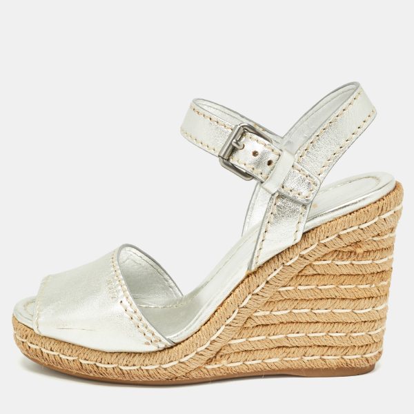 Prada Silver Leather Wedge Espadrilles Size 39.5