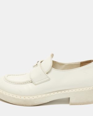 Prada White Leather Logo Plaque Slip On Loafers Size 39.5
