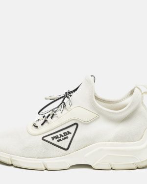 Prada White Logo Knit Fabric Low Top Sneakers Size 37