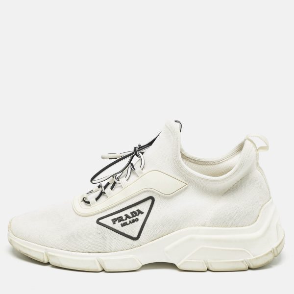 Prada White Logo Knit Fabric Low Top Sneakers Size 37