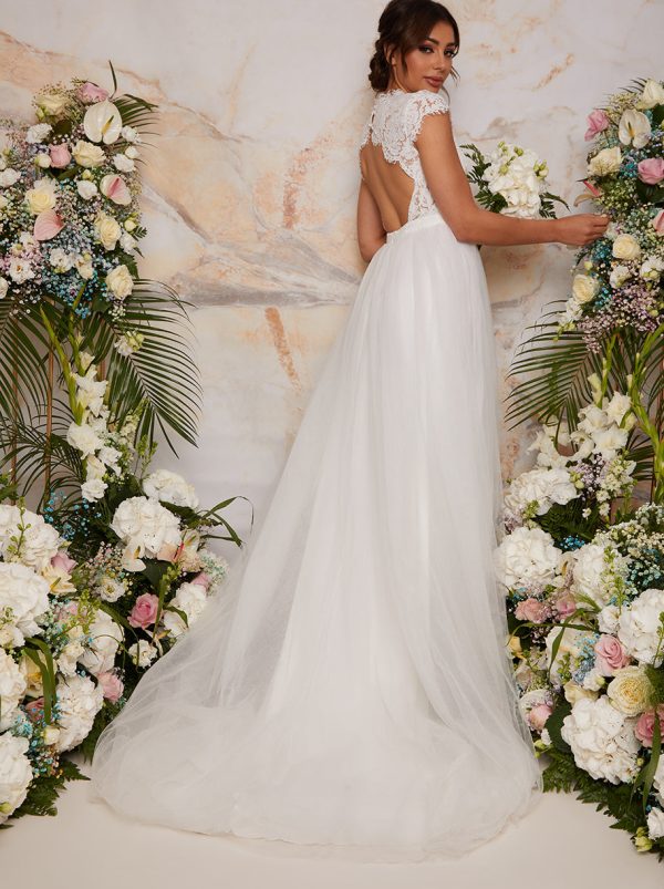 Premium Lace Backless Wedding Dress in White - 8
