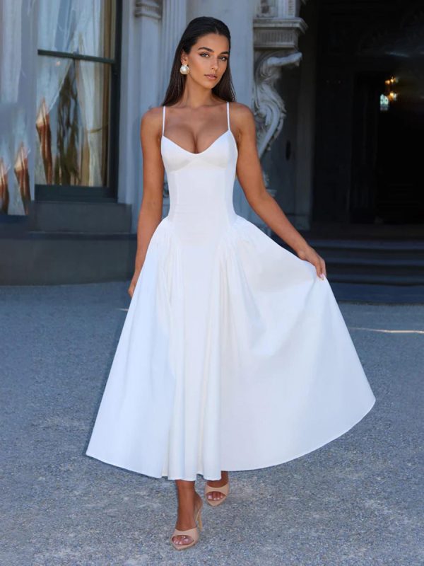 Princess Waistline V-Neck Long Slip Dress In White 2025