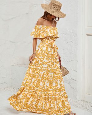 Printed Dress Off The Shoulder Belted Backless Tiered Casual Summer Maxi Dresses