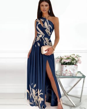 Printed Maxi Dress One-Shoulder Cutout High-Slit Prom Dresses