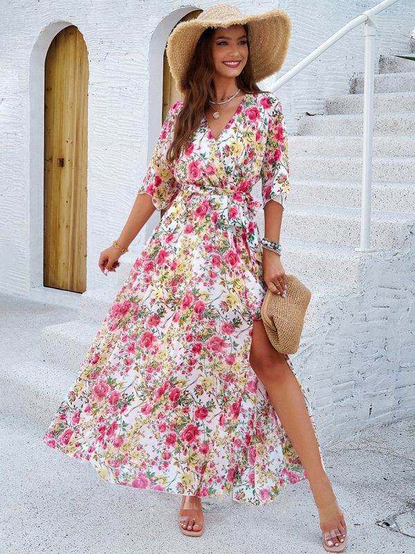 Printed Wrap Dress V-Neck Belted Half Sleeves Elegant Casual Maxi Dresses
