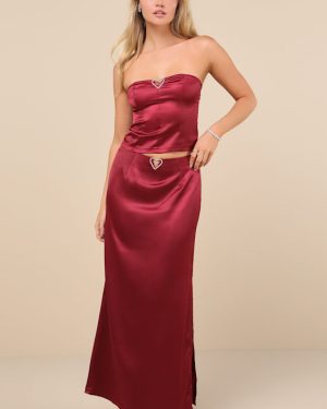 Priscilla Burgundy Satin Maxi Skirt