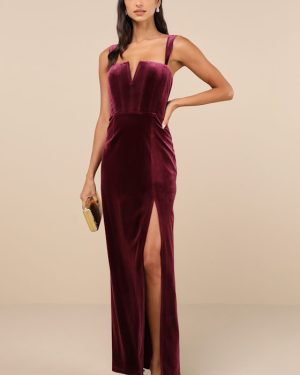 Pristine Luxury Dark Berry Velvet Bustier Maxi Dress