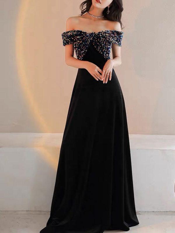 Prom Dress 2025 A-Line Bateau Neck Velour Floor-Length Sequins Formal Party Dresses Wedding Guest Dresses Free Customization