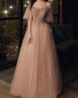 Prom Dress Brown Ball Gown Off-The-Shoulder Tulle Short Sleeves Beaded Floor-Length Pageant Dresses