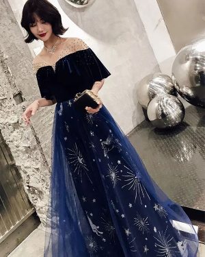 Prom Dresses Constellation Dress Long Tulle Velvet Patchwork Ruffles Glitter Maxi Formal Party Dress