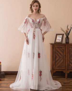 Prom Dresses Long Organza Off The Shoulder Ruffles Embroidered Half Sleeve Formal Dress With Train