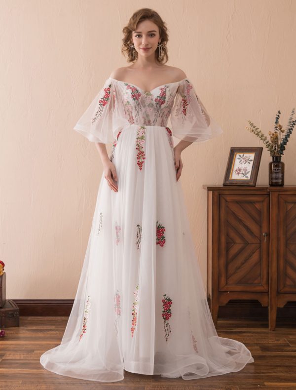 Prom Dresses Long Organza Off The Shoulder Ruffles Embroidered Half Sleeve Formal Dress With Train