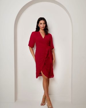 Puff Sleeve Dobby Ruffle Wrap Mini Dress in Red - 8