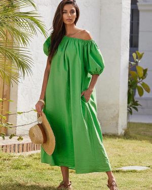 Puff Sleeve Shift Dress In Green Off-shoulder Relaxed Fit Summer Long Dress For Women 2025