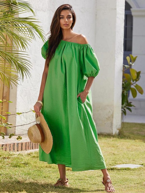 Puff Sleeve Shift Dress In Green Off-shoulder Relaxed Fit Summer Long Dress For Women 2025