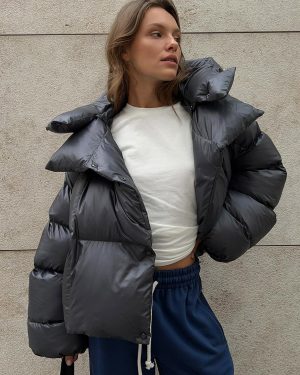 Puffer Coat Hooded Front Button Solid Color Oversized Winter Outerwear