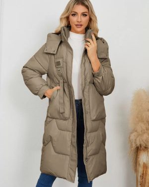 Puffer Coats Apricot Stand Collar Buttons Lace-up Long Sleeves Outerwear