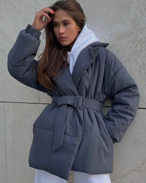 Puffer Jackets Turndown Collar Oversized Chic Sash Daily Casual Gray Outerwear For Women