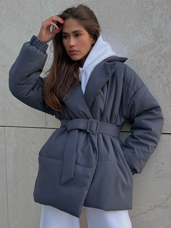 Puffer Jackets Turndown Collar Oversized Chic Sash Daily Casual Gray Outerwear For Women