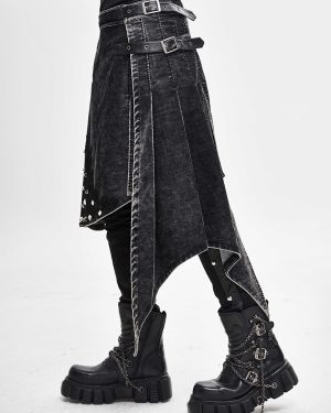 Punk Distressed Corduroy Wrap Skirt Denim Patchwork Trousers Clothing Costumes