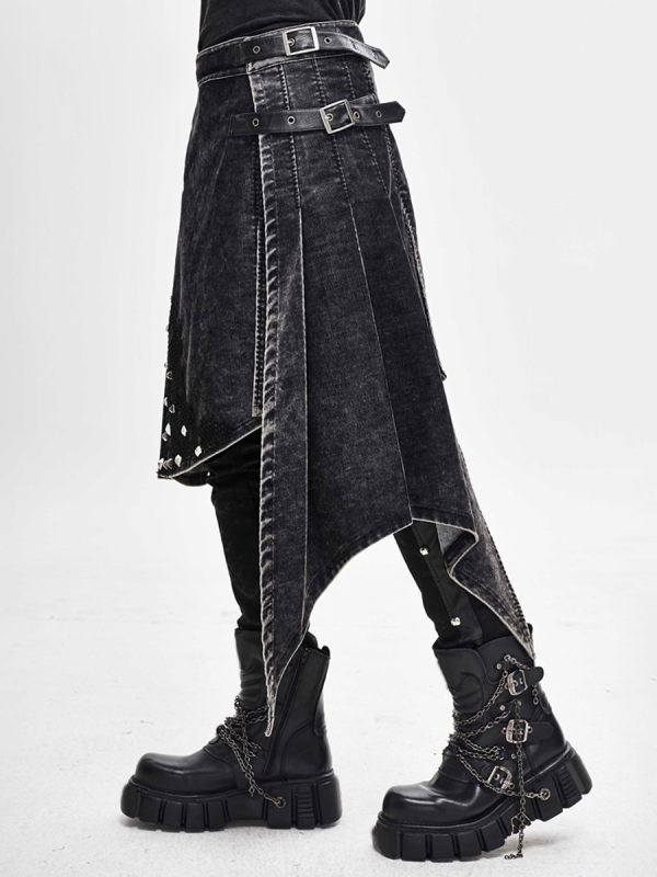 Punk Distressed Corduroy Wrap Skirt Denim Patchwork Trousers Clothing Costumes