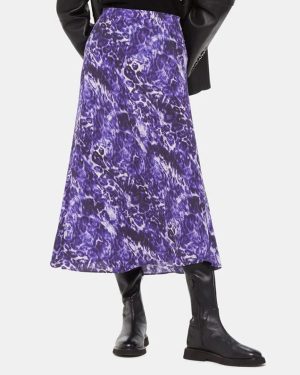 Purple Glossy Leopard Bias Midi Skirt