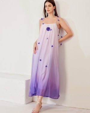 Purple Gradient Shift Dress 3D Flower Summer Beach Long Slip Dress For Women 2025