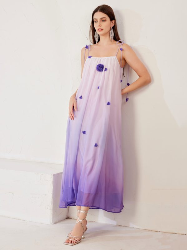 Purple Gradient Shift Dress 3D Flower Summer Beach Long Slip Dress For Women 2025