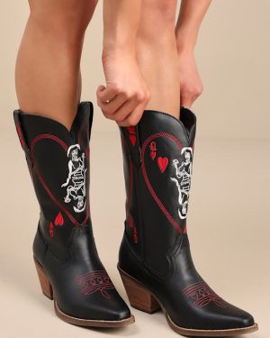 Queen A Hearts Black Leather Knee-High Western Boots