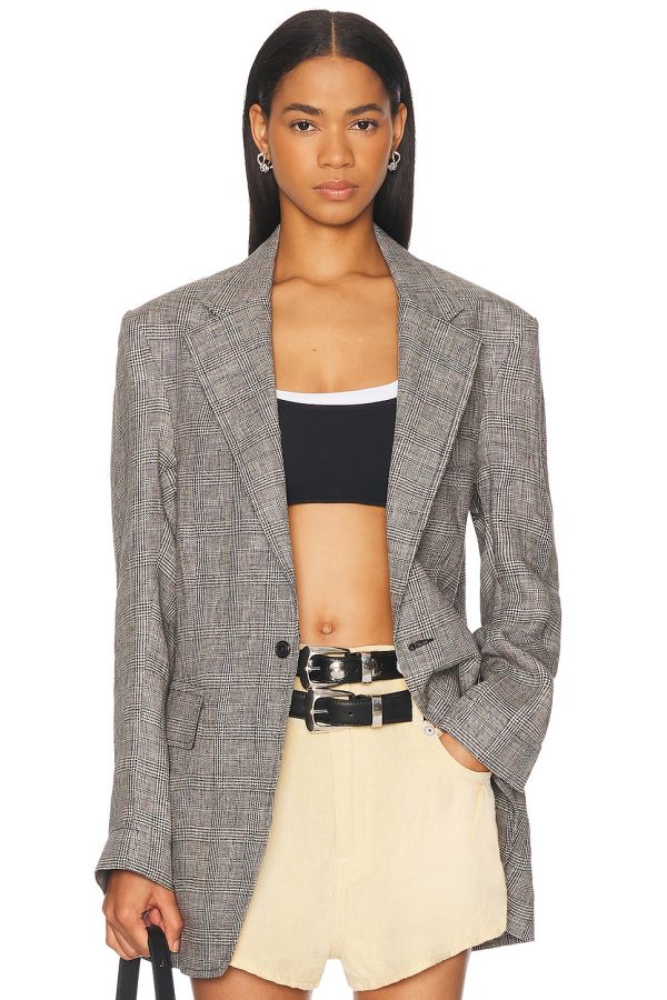 R13 Oversized Ragged Blazer in Black & White Glen Plaid - Grey. Size L (also in M, S).