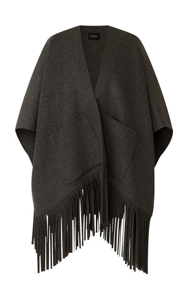 R2W - Fringed Wool Cape Coat - Grey - OS - Moda Operandi