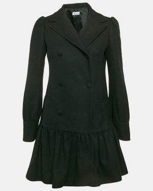 RED Valentino Black Wool Double Breasted Flounce Coat S