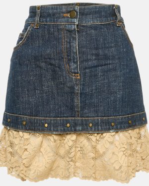 RED Valentino Blue Denim Lace Ruffled Mini Skirt M Waist 31"