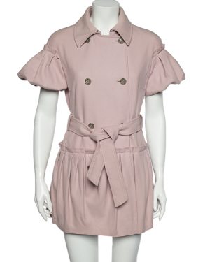 RED Valentino Pink Wool Pleated Detailed Double Breasted Belted Coat S
