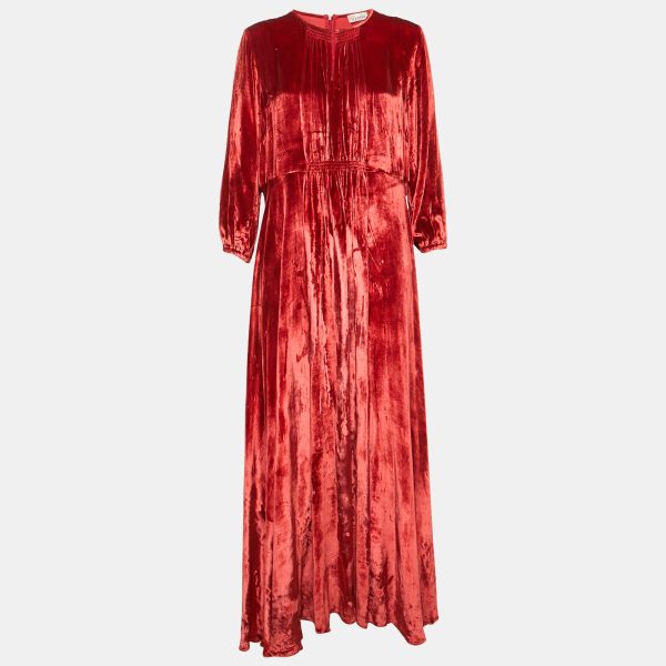RED Valentino Red Velvet Shirring Detail Maxi Dress XL