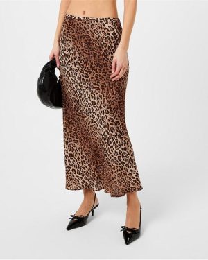 RIXO Kelly Silk Mix Midi Skirt - Brown