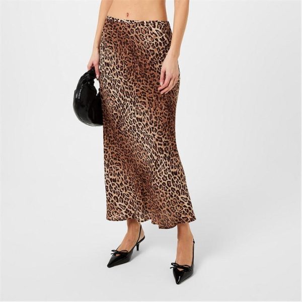 RIXO Kelly Silk Mix Midi Skirt - Brown