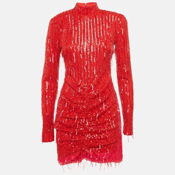 ROTATE BIRGER CHRISTENSEN Racing Red Sequin Tulle Fringed Mini Dress S